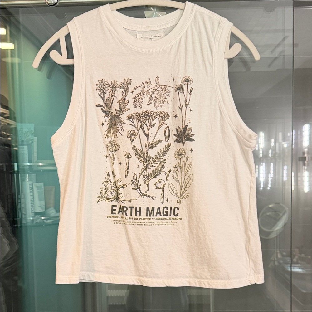 Spiritual Gangster White Muscle Tank with Botanical 'Earth Magic' Graphic